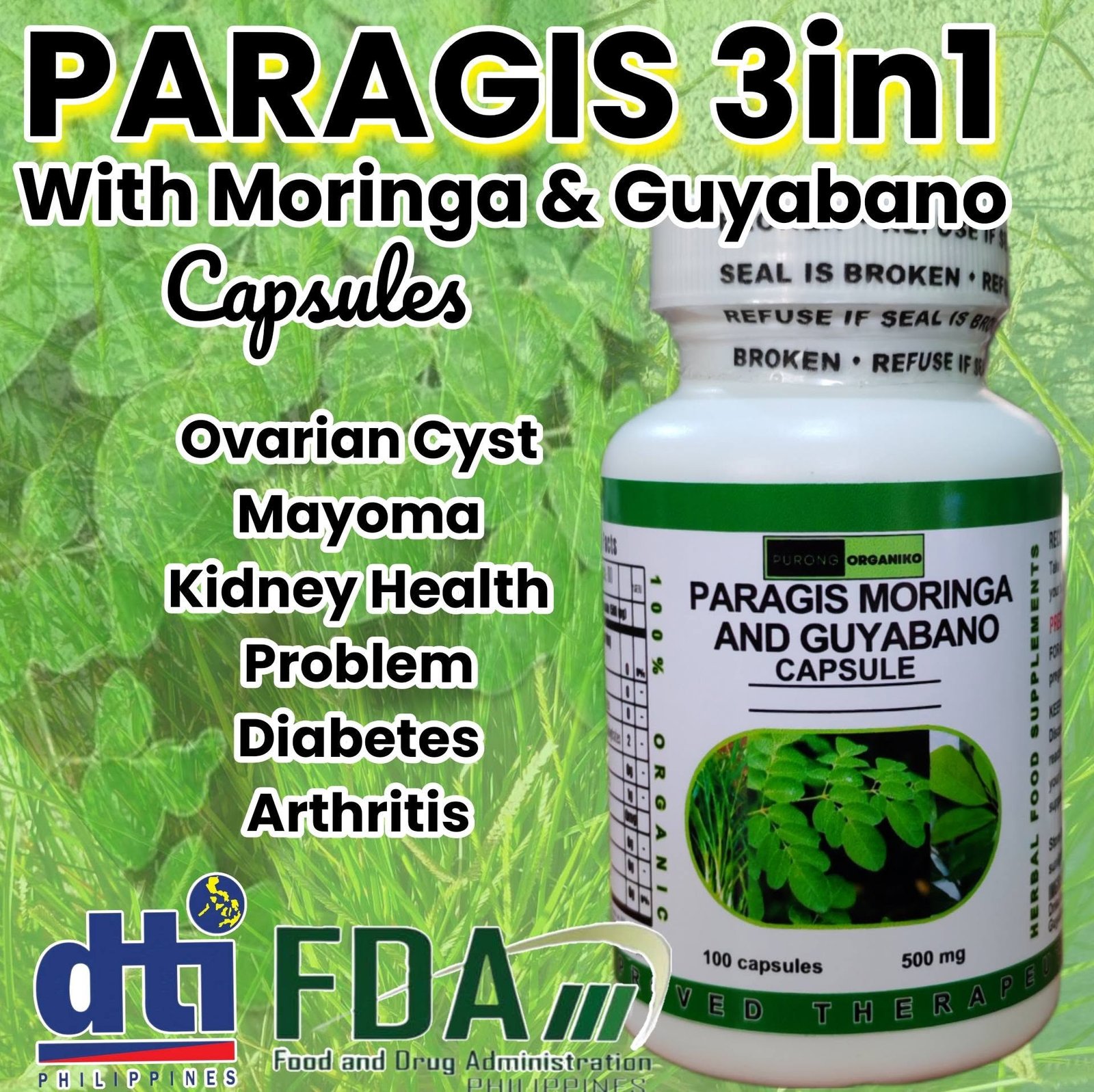 PARAGIS MORINGA & GUYABANO CAPSULE (PARAGIS 3 IN1) FDA APPROVED by purong organiko, 100 capsules 500mg