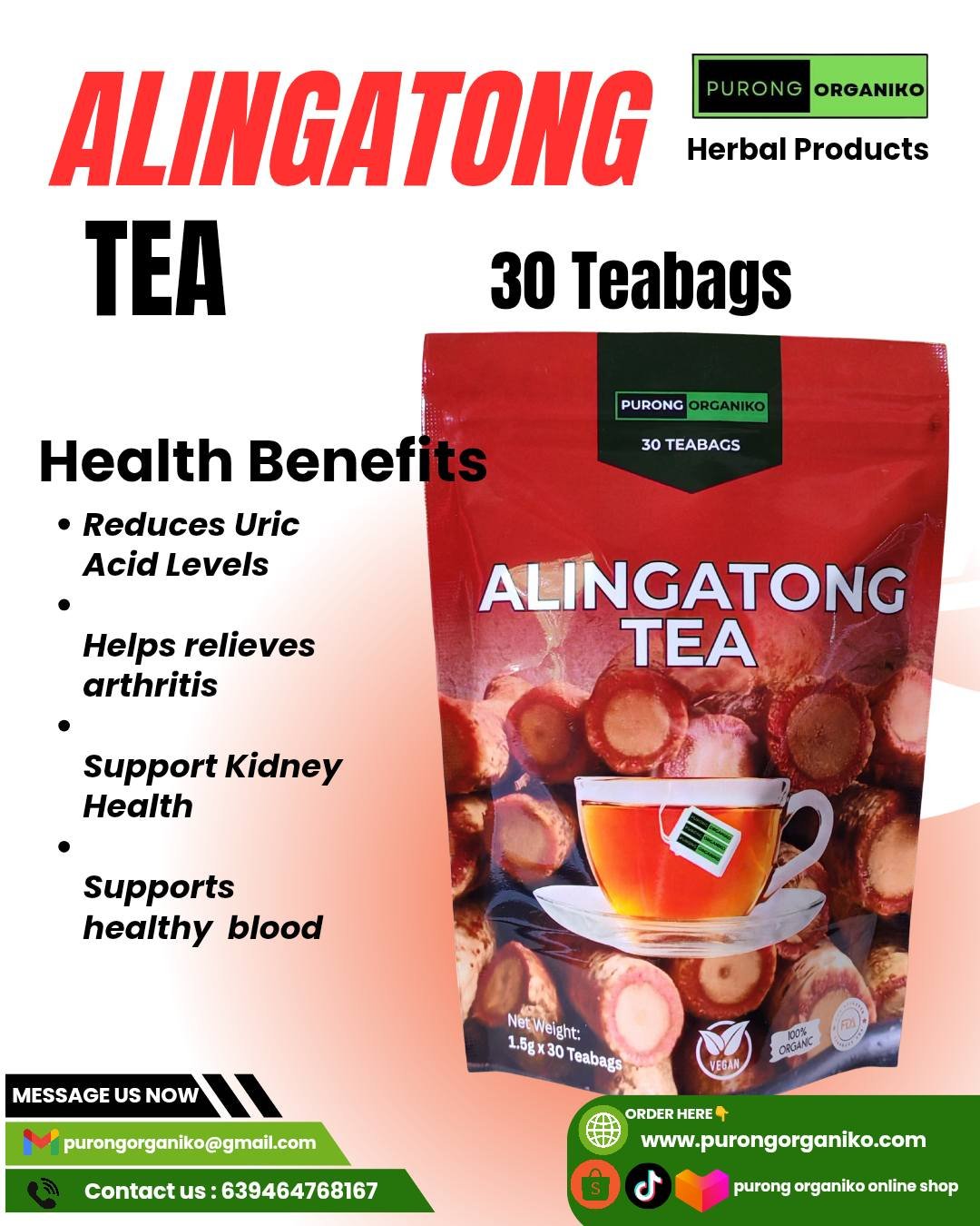 ALINGATONG HERBAL TEA (30 TEABAGS) ALL NATURALS AND ORGANIC / FDA APPROVED / BY PURONG ORGANIKO HERBAL PRODUCTS