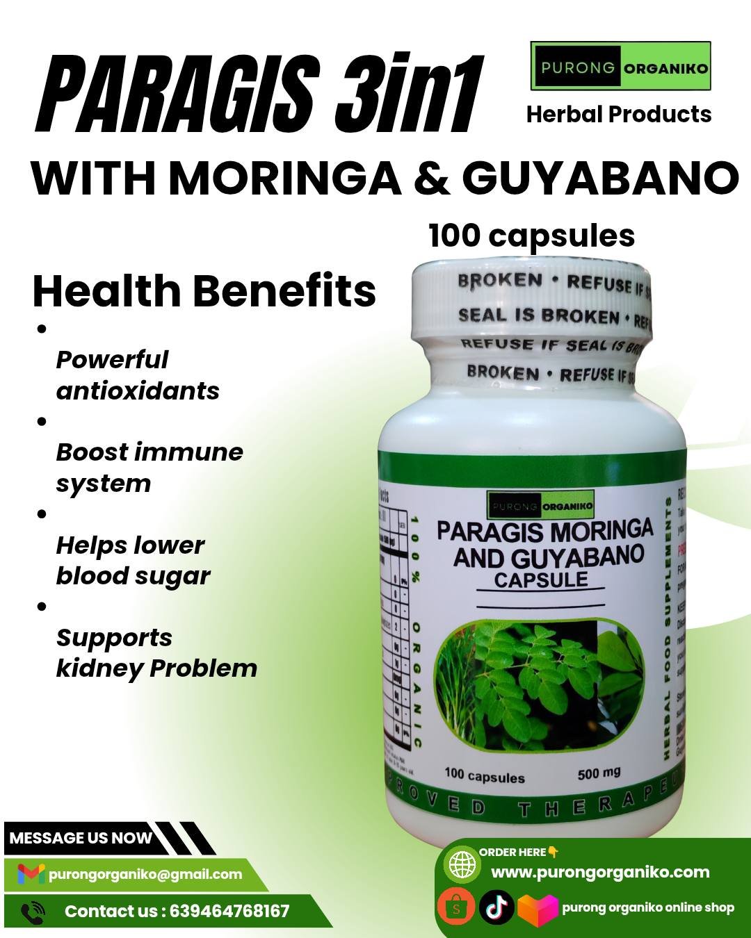 PARAGIS MORINGA & GUYABANO CAPSULE (PARAGIS 3 IN1) FDA APPROVED by purong organiko, 100 capsules 500mg