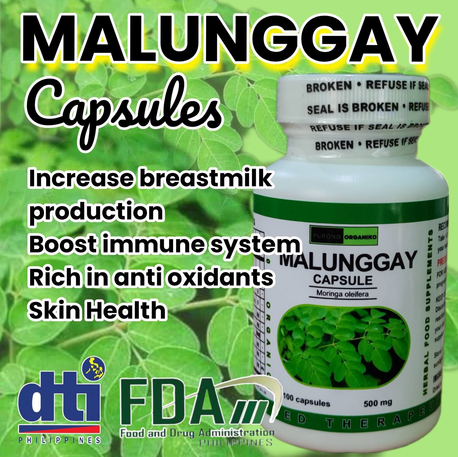 MALUNGGAY (MORINGA) CAPSULES (100 Capsules 500mg) ALL NATURALS AND ORGANIC / FDA APPROVED / BY PURONG ORGANIKO HERBAL PRODUCTS