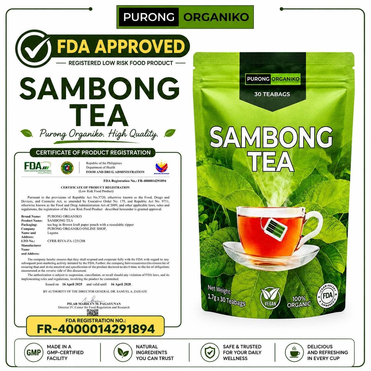 SAMBONG HERBAL TEA (30 TEABAGS) ALL NATURALS AND ORGANIC / FDA APPROVED / BY PURONG ORGANIKO HERBAL PRODUCTS