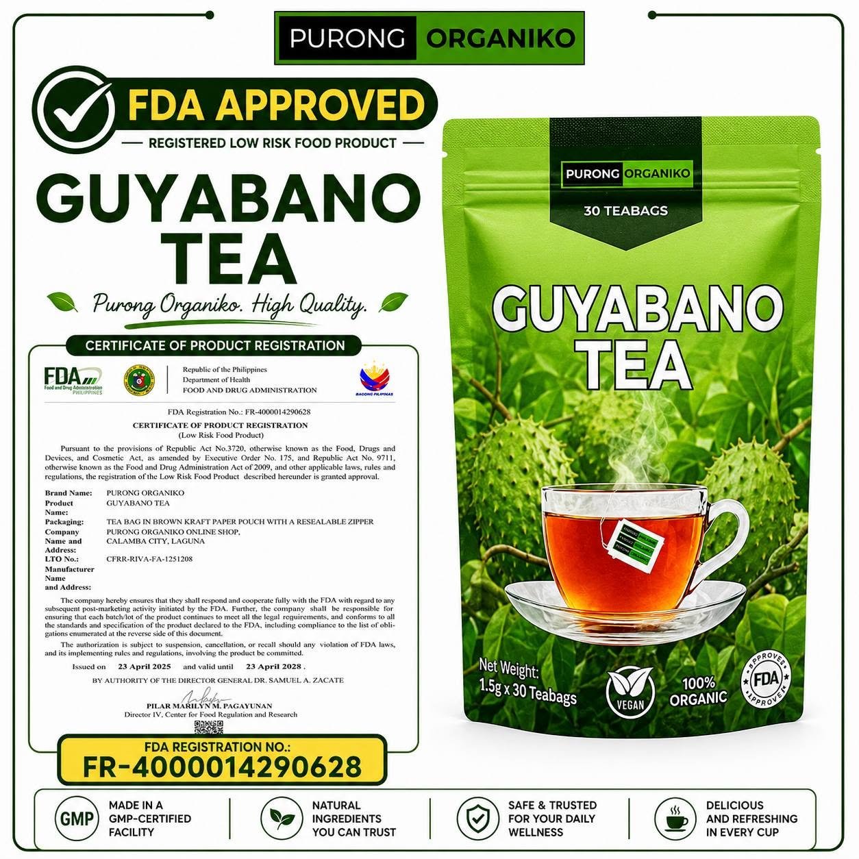 GUYABANO LEAF HERBAL TEA (30 TEABAGS) ALL NATURALS AND ORGANIC / FDA APPROVED / BY PURONG ORGANIKO HERBAL PRODUCTS - Image 3
