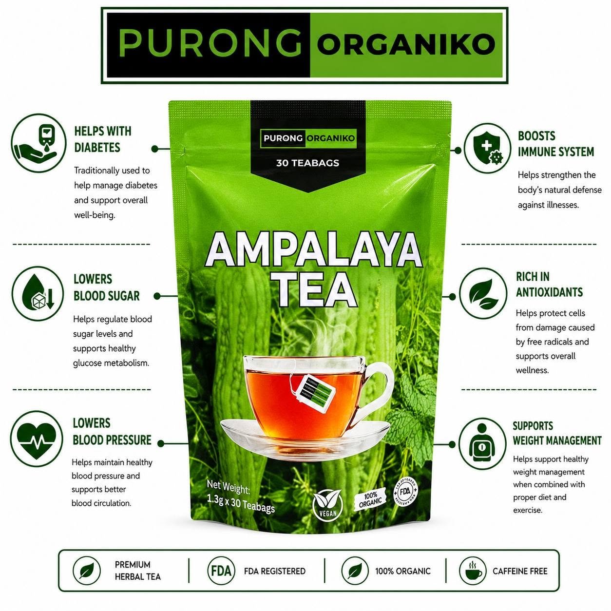 AMPALAYA HERBAL TEA (30 TEABAGS) ALL NATURALS AND ORGANIC / FDA APPROVED / BY PURONG ORGANIKO HERBAL PRODUCTS