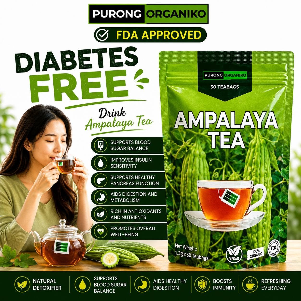 AMPALAYA HERBAL TEA (30 TEABAGS) ALL NATURALS AND ORGANIC / FDA APPROVED / BY PURONG ORGANIKO HERBAL PRODUCTS