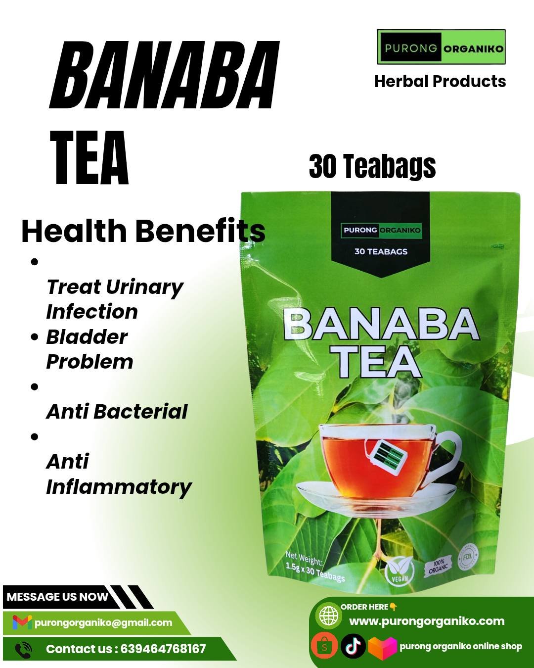BANABA LEAF TEA (30 Teabags) ALL NATURALS AND ORGANIC / FDA APPROVED / BY PURONG ORGANIKO HERBAL PRODUCTS