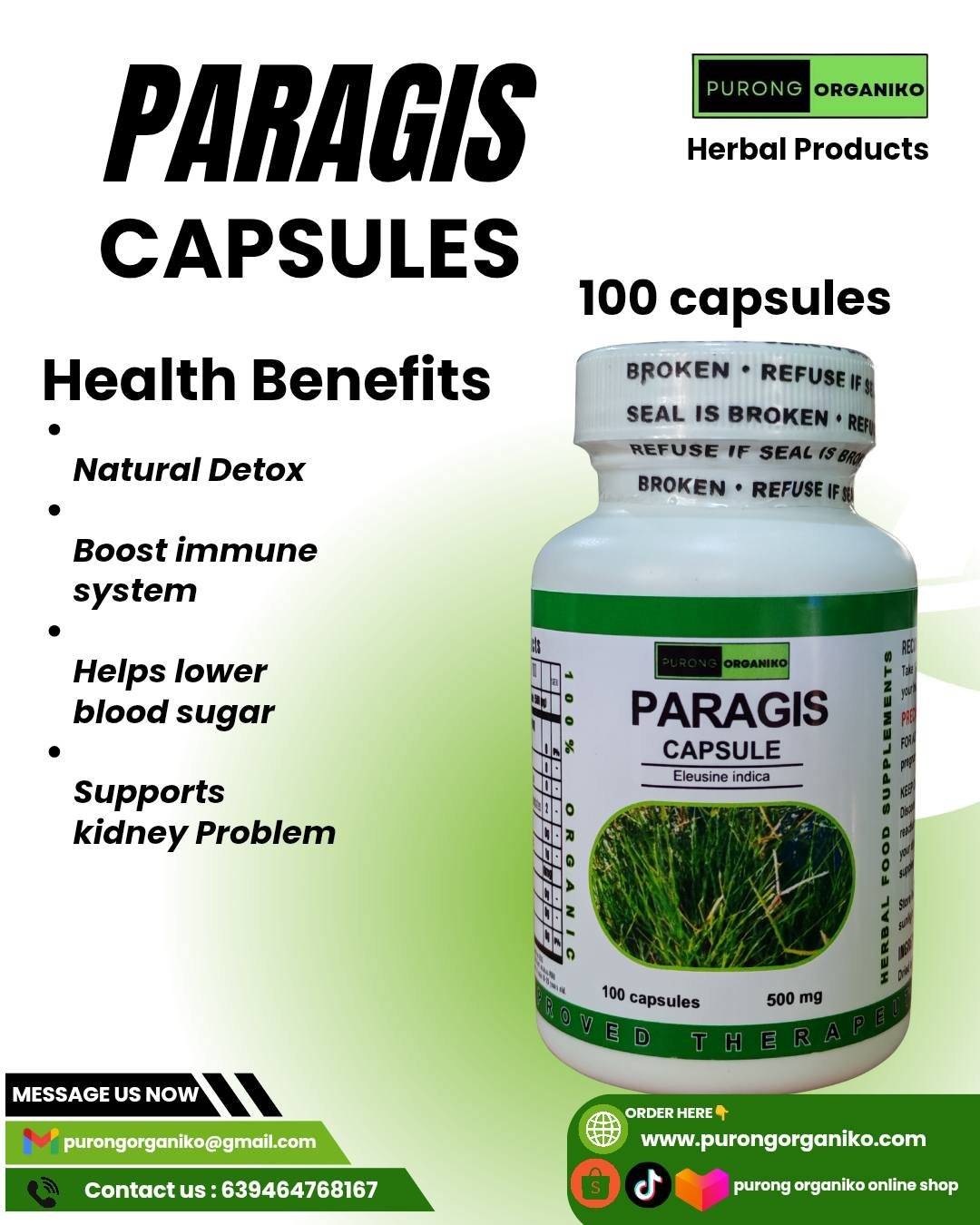 PARAGIS CAPSULES by purong organiko | 100 Capsules 500mg | FDA REGISTERED