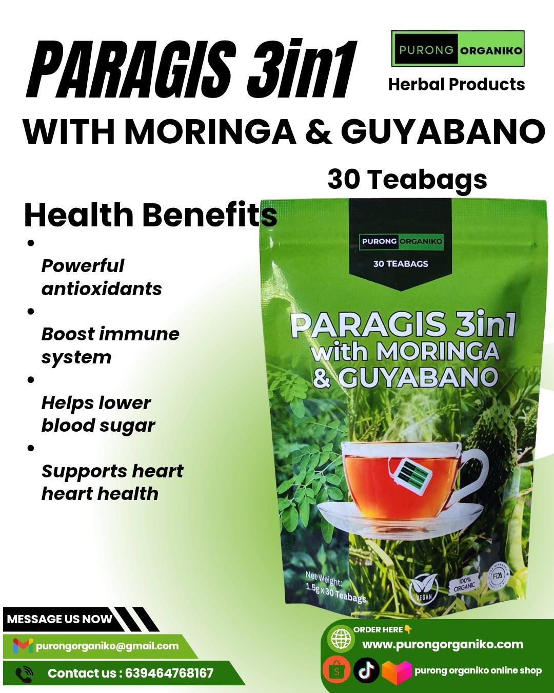 PARAGIS 3in1 with MORINGA & GUYABANO TEA by purong organiko FDA APPROVED