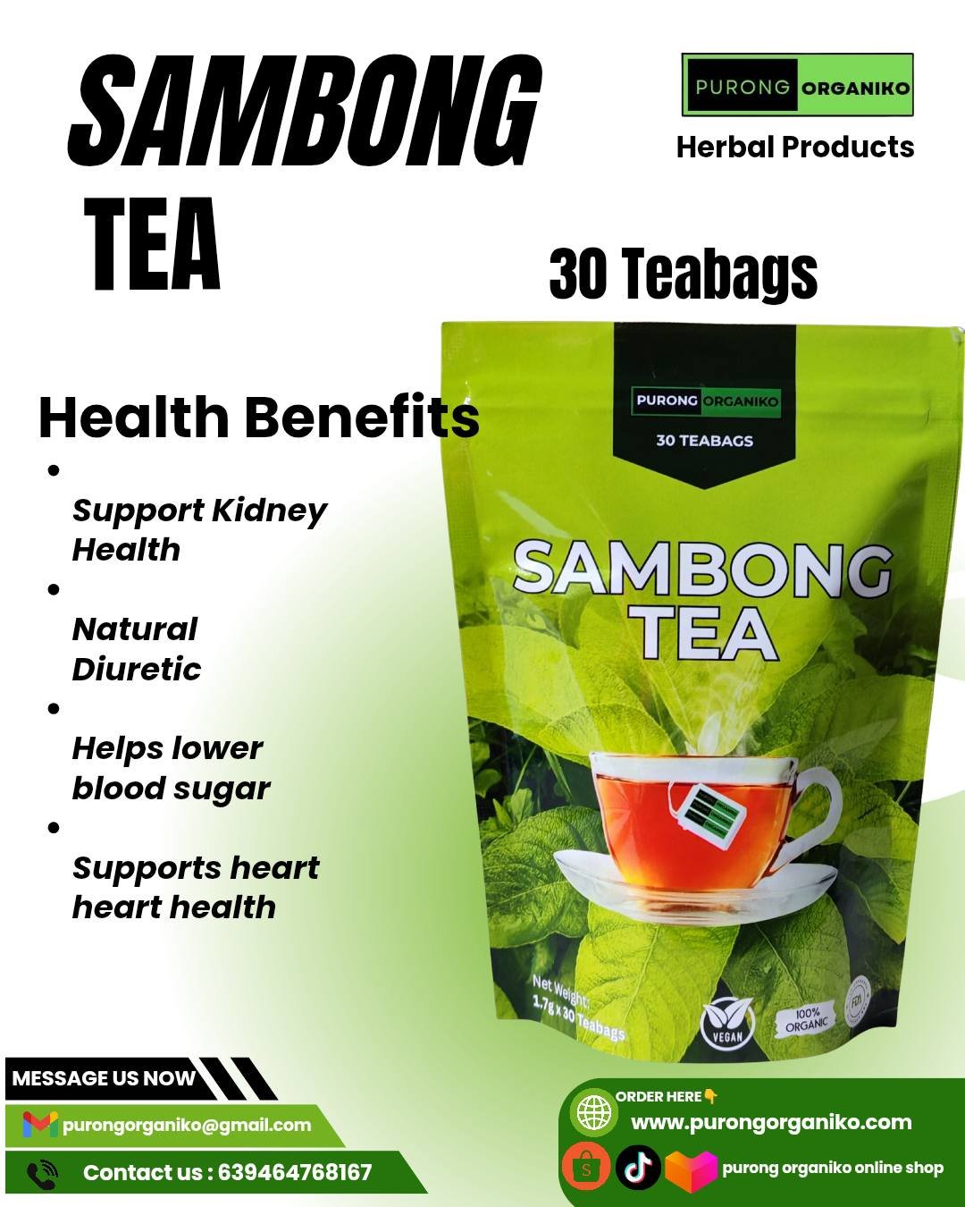 SAMBONG HERBAL TEA (30 TEABAGS) ALL NATURALS AND ORGANIC / FDA APPROVED / BY PURONG ORGANIKO HERBAL PRODUCTS