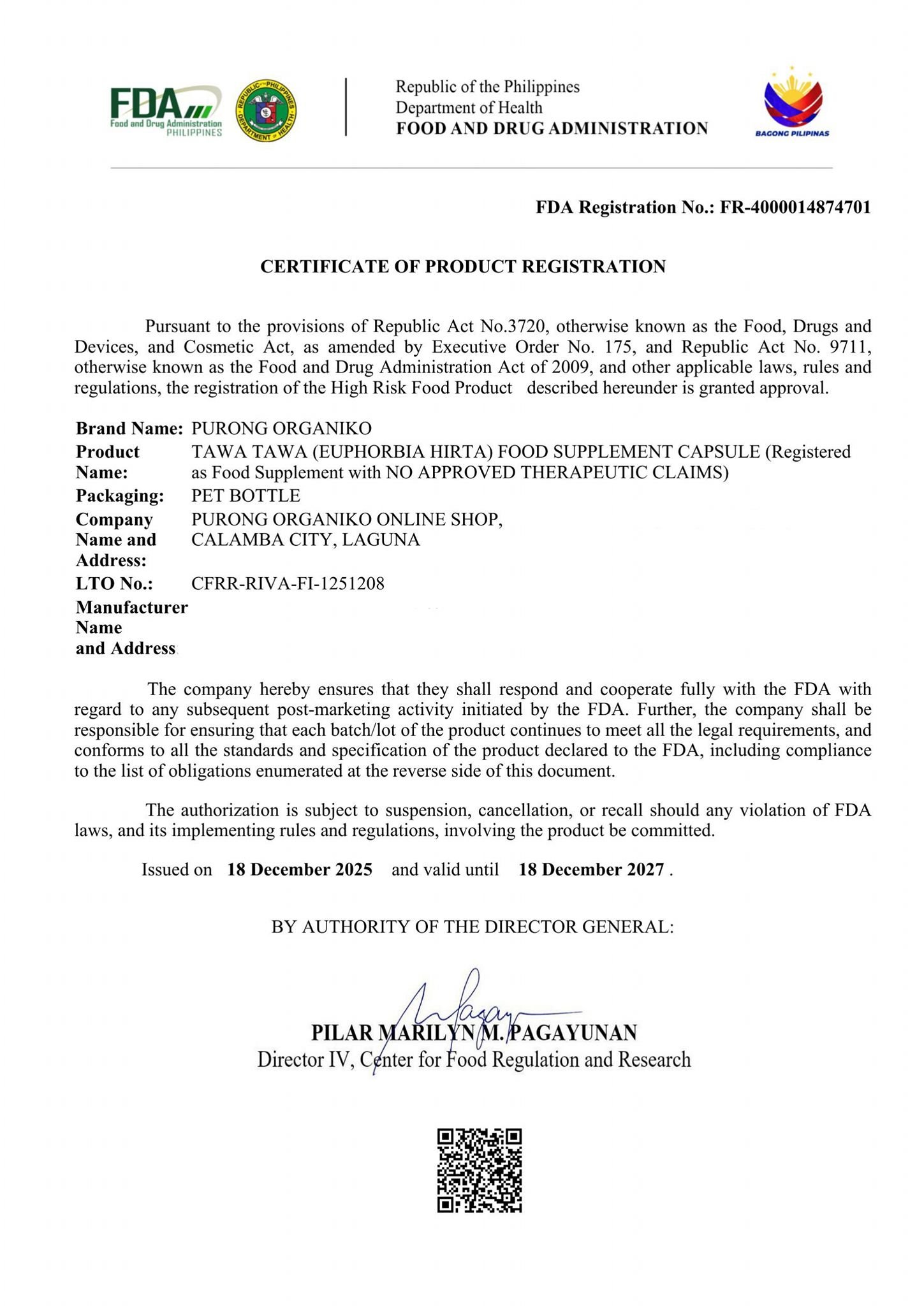 TAWA TAWA CAPSULE (100 Capsules 500mg) ALL NATURALS AND ORGANIC / FDA APPROVED / BY PURONG ORGANIKO HERBAL PRODUCTS