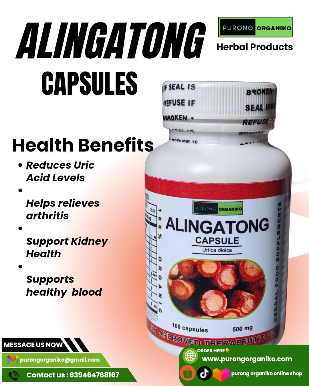 ALINGATONG ROOTS CAPSULES (100 Capsules 500mg) ALL NATURALS AND ORGANIC / FDA APPROVED / BY PURONG ORGANIKO HERBAL PRODUCTS