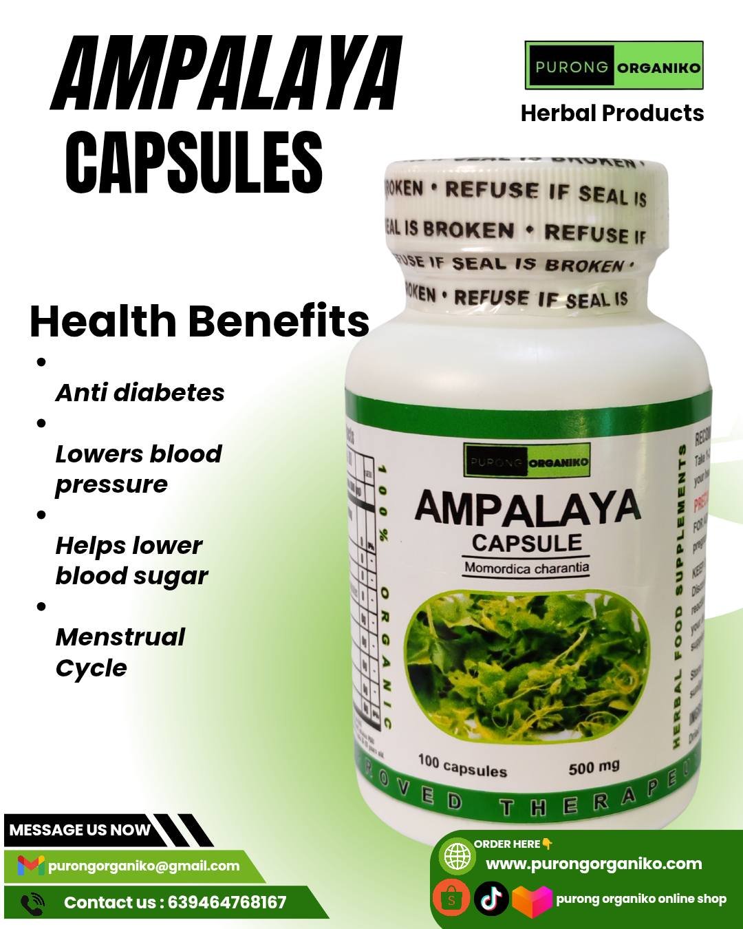 AMPALAYA HERBAL CAPSULE (100 Capsules 500mg) ALL NATURALS AND ORGANIC / FDA APPROVED / BY PURONG ORGANIKO HERBAL PRODUCTS
