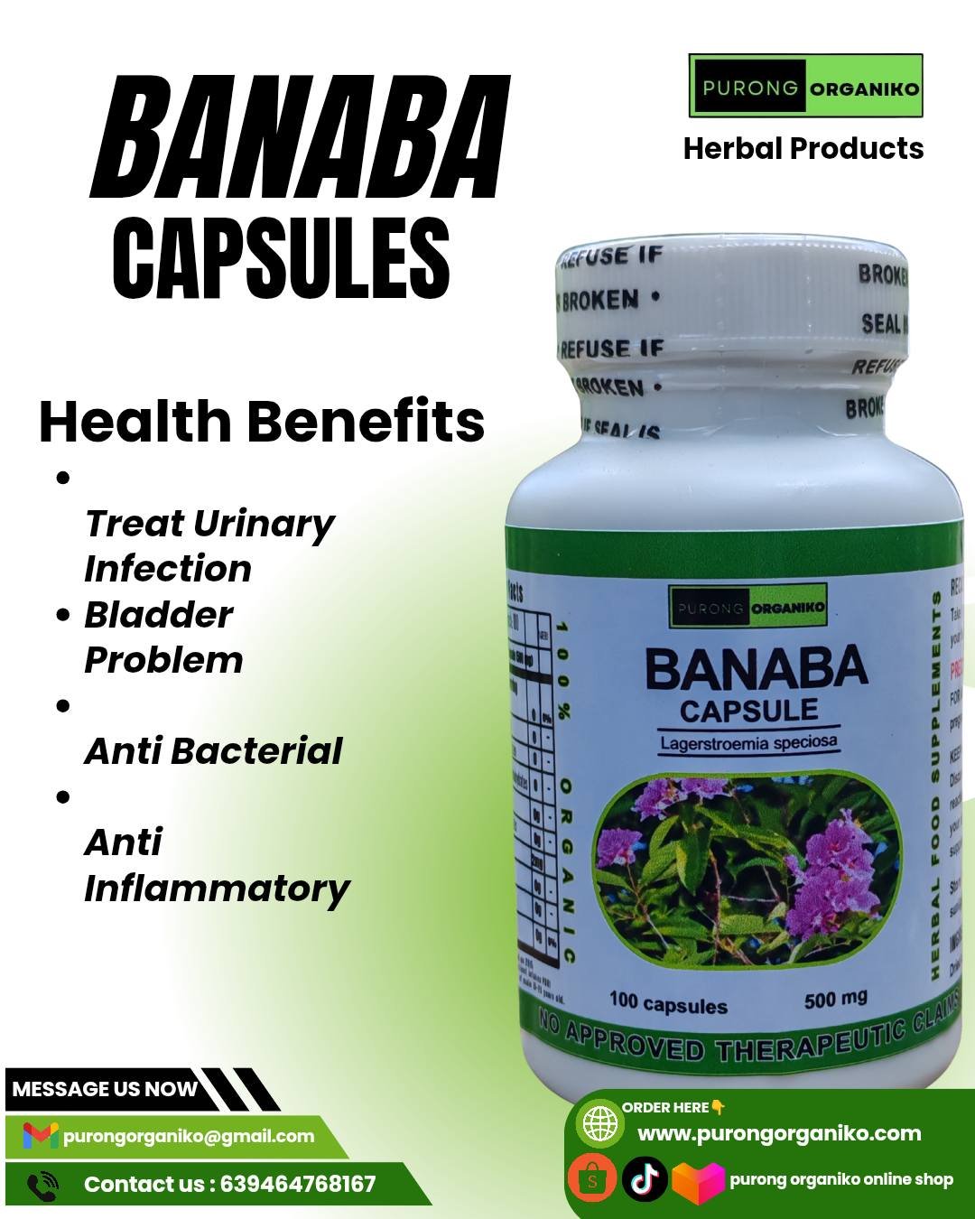BANABA CAPSULE (100 Capsules 500mg) ALL NATURALS AND ORGANIC / FDA APPROVED / BY PURONG ORGANIKO HERBAL PRODUCTS