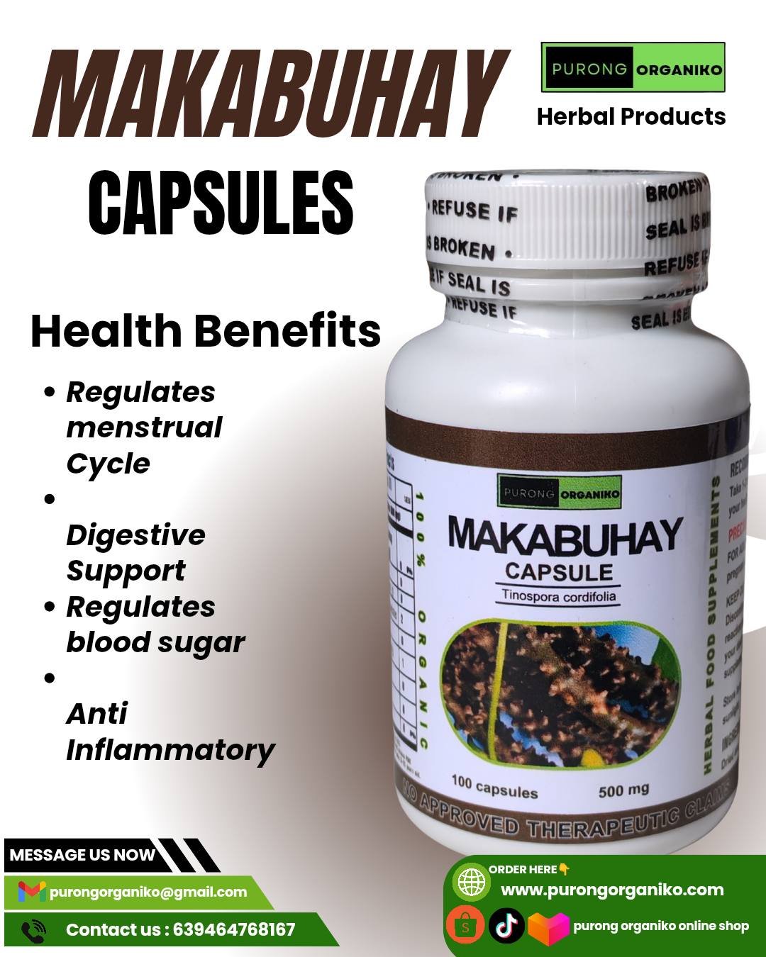 MAKABUHAY HERBAL CAPSULE (100 Capsules 500mg) ALL NATURALS AND ORGANIC / FDA APPROVED / BY PURONG ORGANIKO HERBAL PRODUCTS