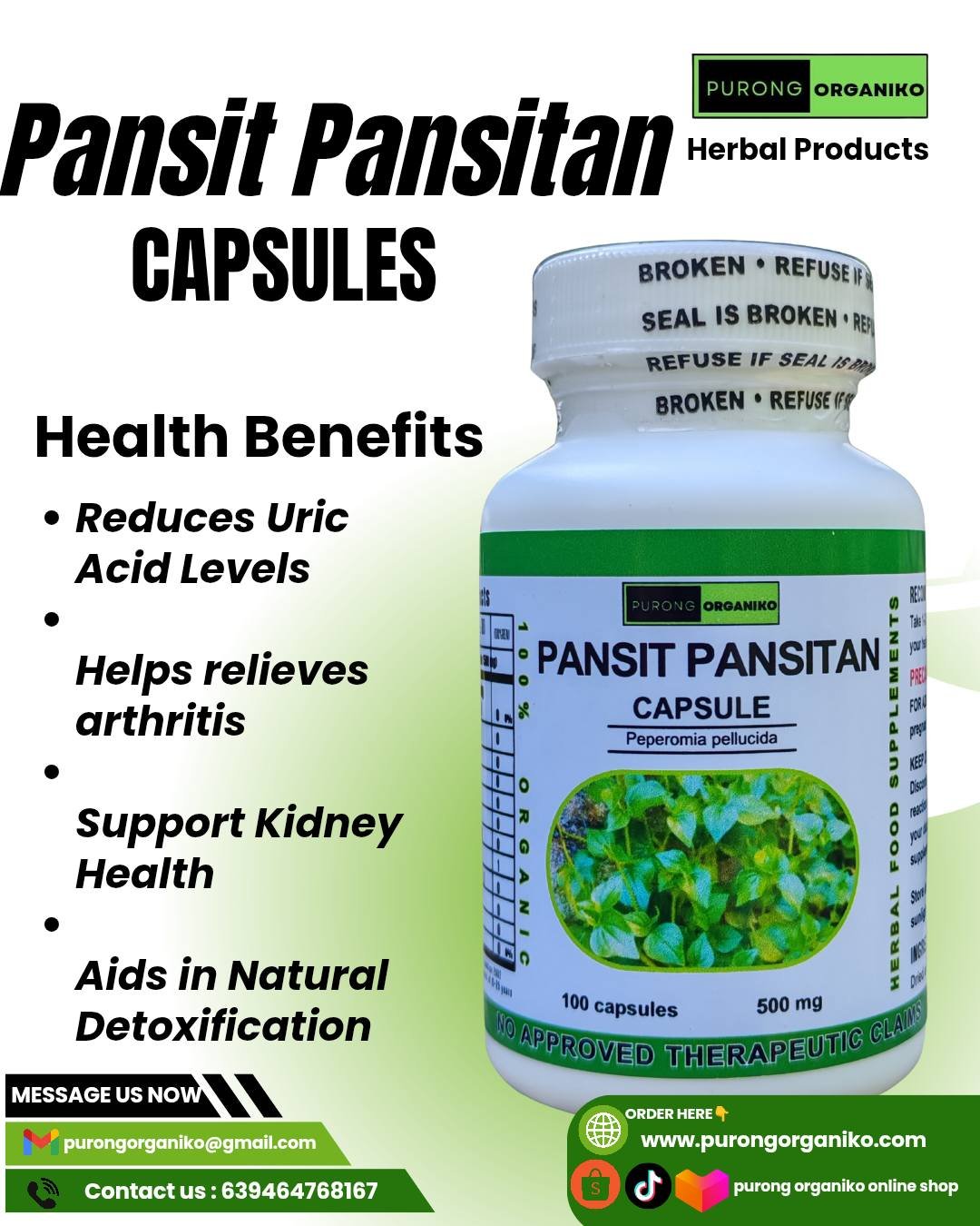 PANSIT PANSITAN HERBAL CAPSULE (100 Capsules 500mg) ALL NATURALS AND ORGANIC / FDA APPROVED / BY PURONG ORGANIKO HERBAL PRODUCTS