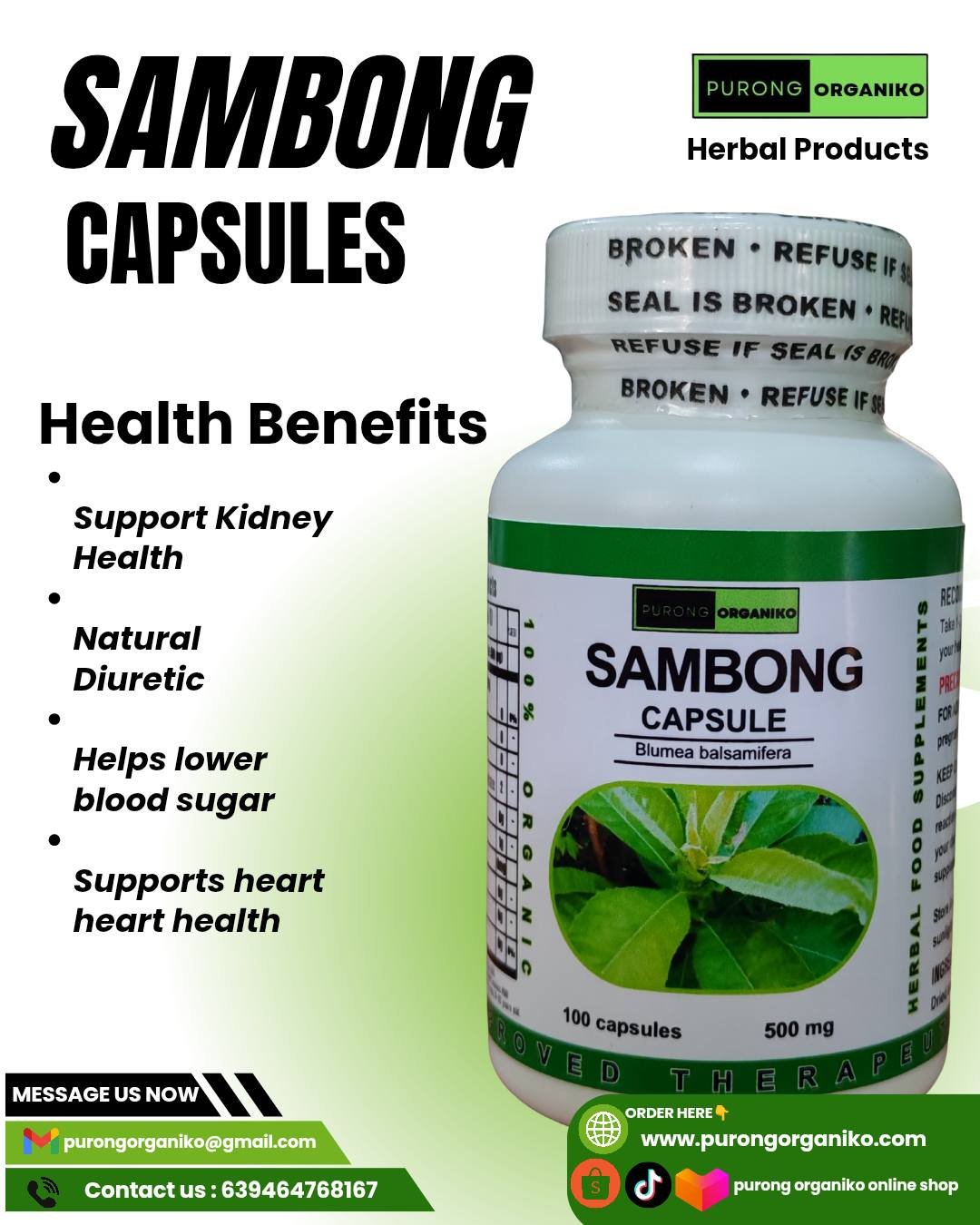 SAMBONG HERBAL CAPSULE (100 Capsules 500mg) ALL NATURALS AND ORGANIC / FDA APPROVED / BY PURONG ORGANIKO HERBAL PRODUCTS