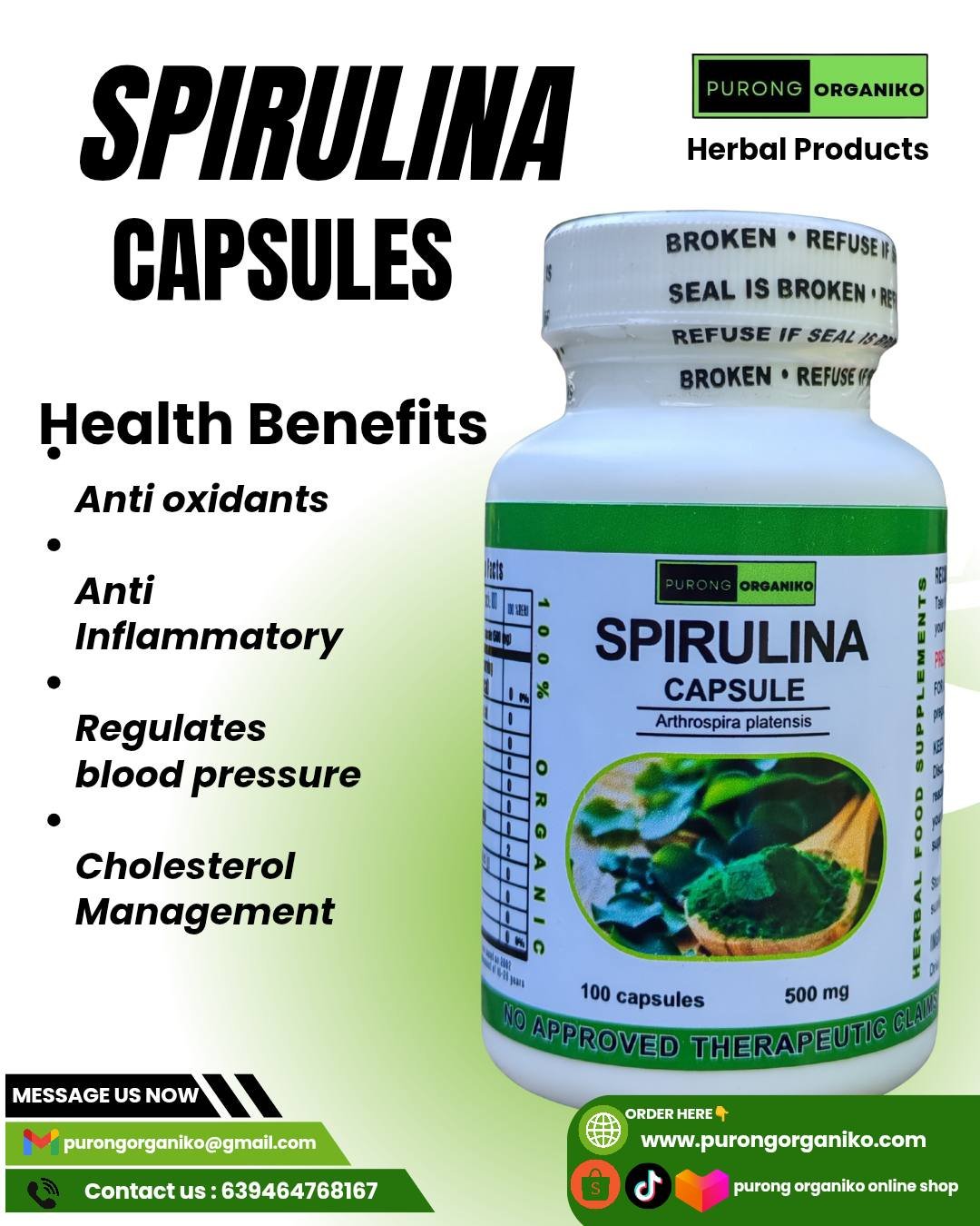 SPIRULINA CAPSULE (100 Capsules 500mg) ALL NATURALS AND ORGANIC / FDA APPROVED / BY PURONG ORGANIKO HERBAL PRODUCTS