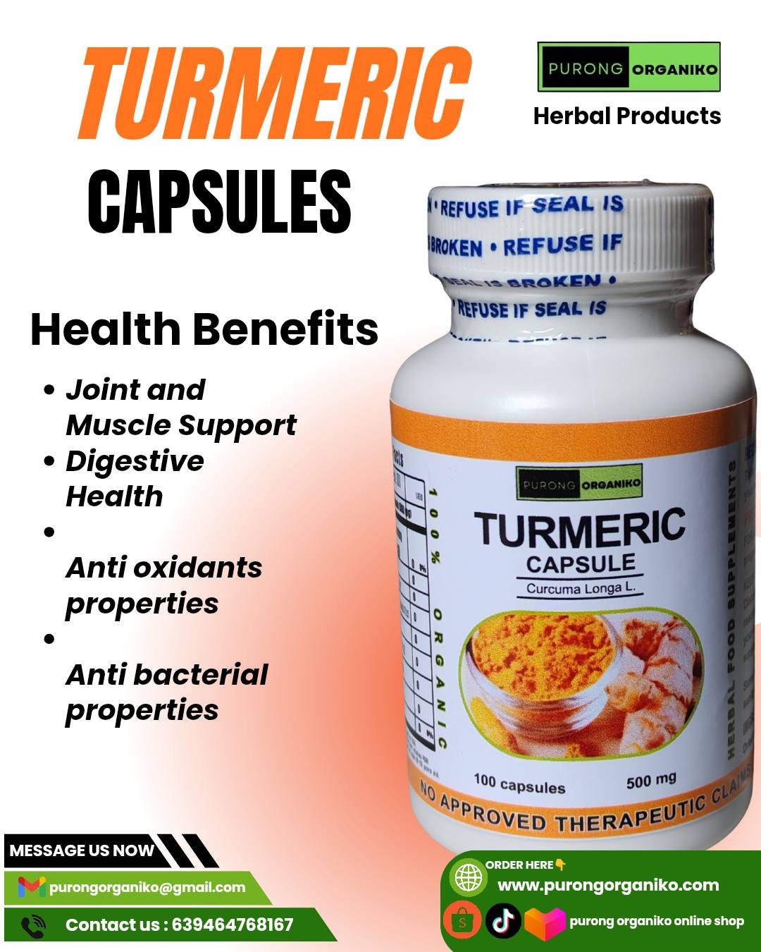 TURMERIC HERBAL CAPSULE (100 Capsules 500mg) ALL NATURALS AND ORGANIC / FDA APPROVED / BY PURONG ORGANIKO HERBAL PRODUCTS