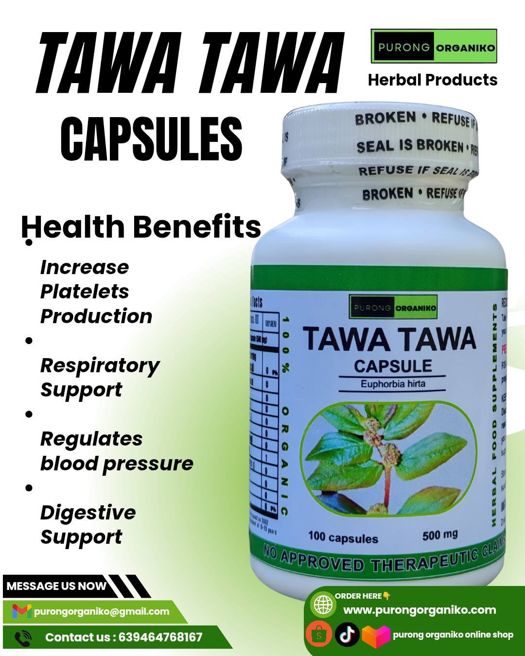TAWA TAWA CAPSULE (100 Capsules 500mg) ALL NATURALS AND ORGANIC / FDA APPROVED / BY PURONG ORGANIKO HERBAL PRODUCTS