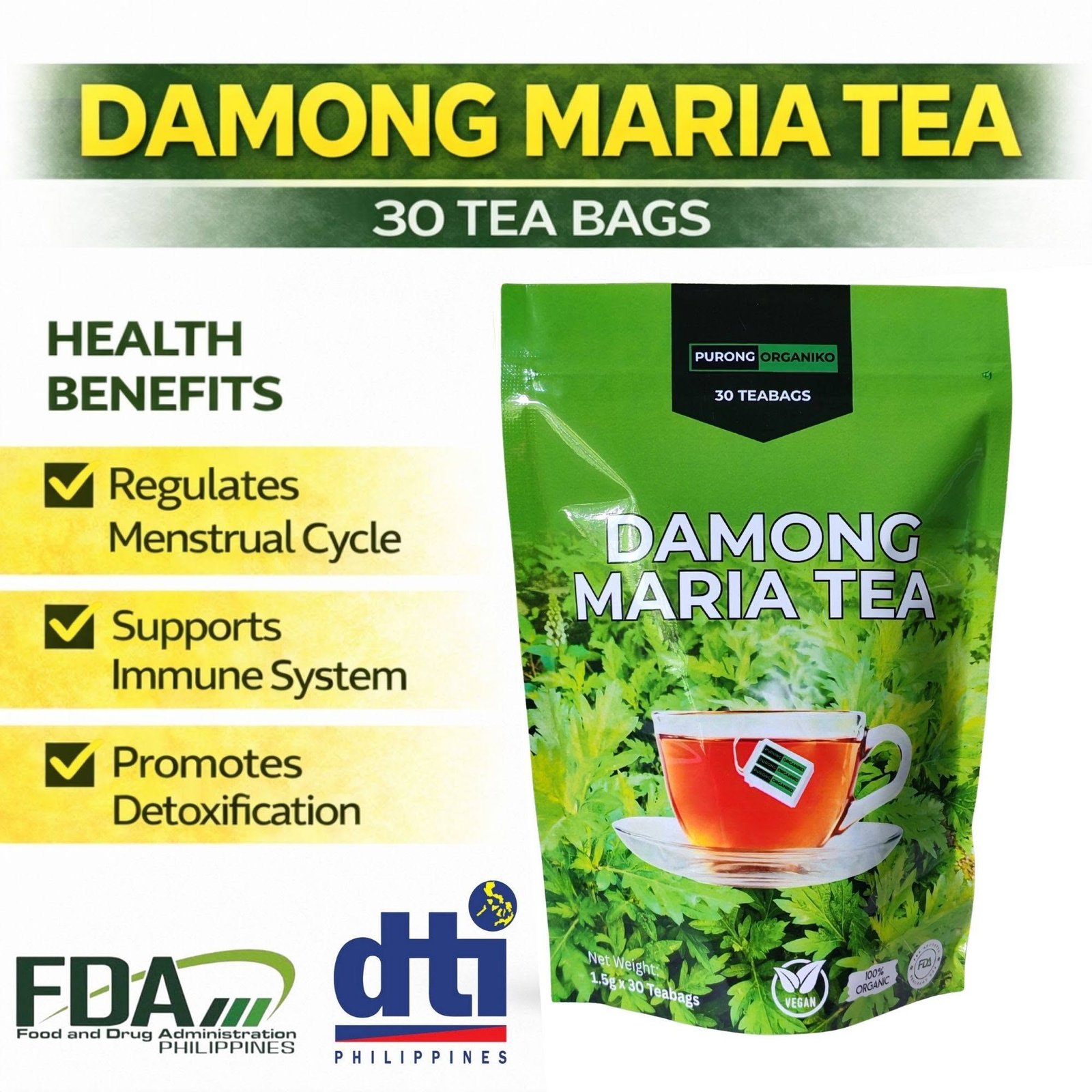 DAMONG MARIA LEAF TEA (30 TEABAGS) ALL NATURALS AND ORGANIC / BY PURONG ORGANIKO