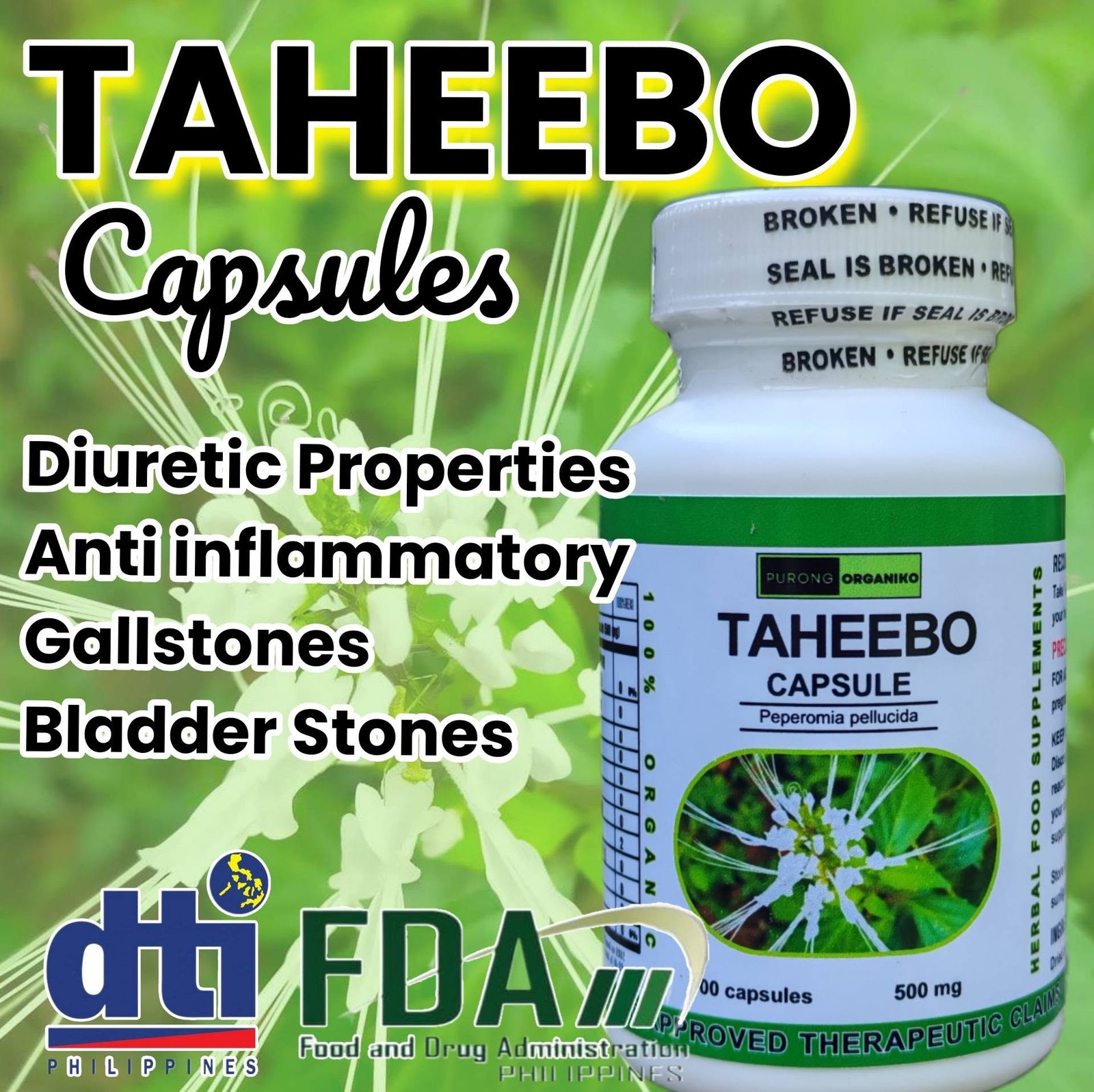 TAHEEBO HERBAL CAPSULE (BALBAS PUSA) 100 CAPSULES - 500MG / ALL NATURALS AND ORGANIC / BY PURONG ORGANIKO