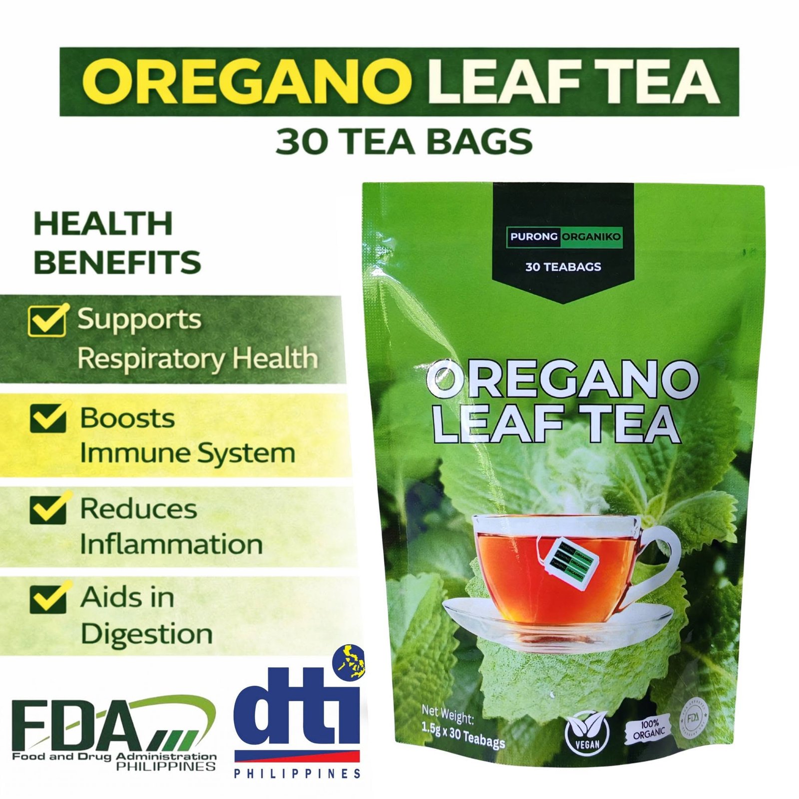 OREGANO LEAF TEA (30 TEABAGS) ALL NATURALS AND ORGANIC / BY PURONG ORGANIKO