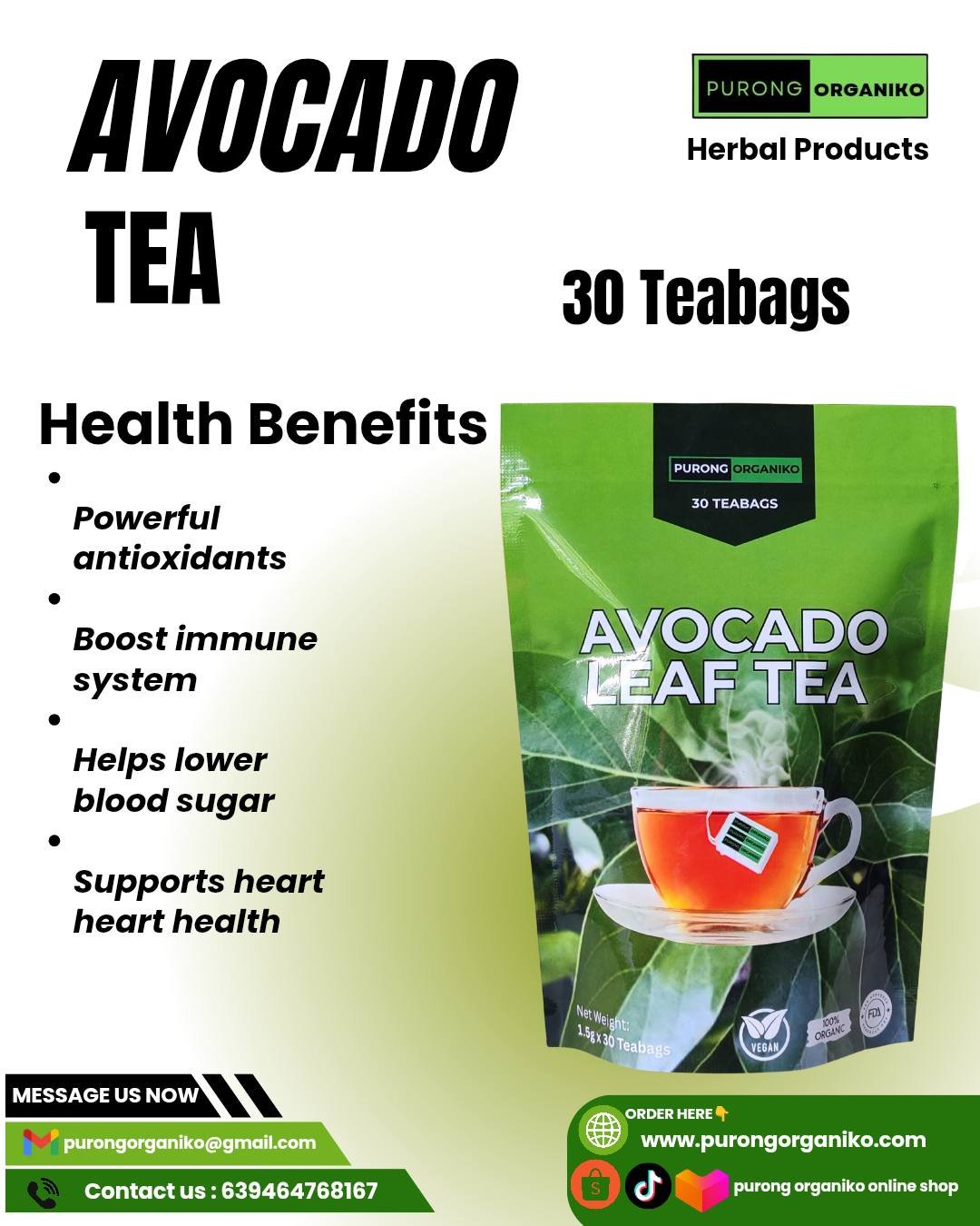 AVOCADO HERBAL TEA (30 TEABAGS) ALL NATURALS AND ORGANIC / BY PURONG ORGANIKO