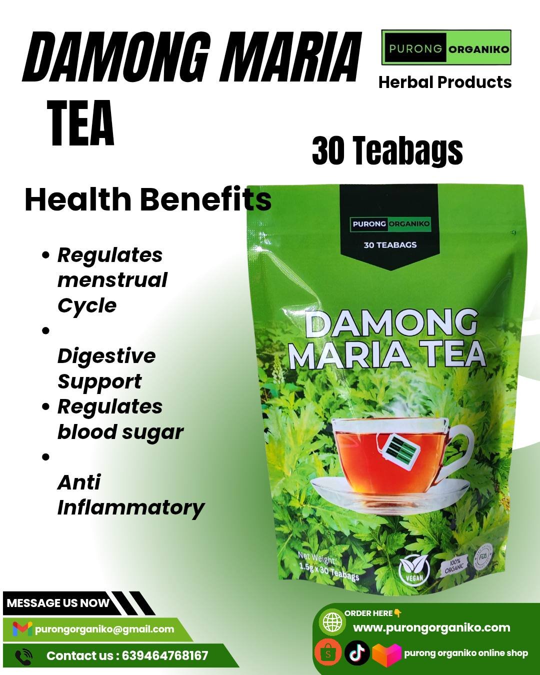 DAMONG MARIA LEAF TEA (30 TEABAGS) ALL NATURALS AND ORGANIC / BY PURONG ORGANIKO