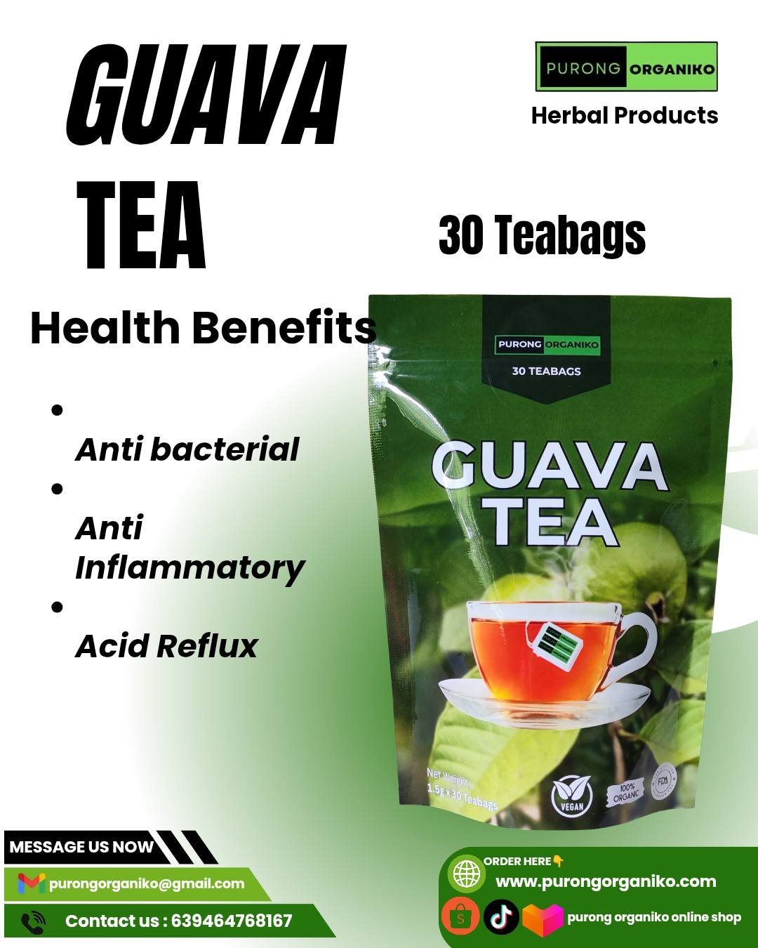 GUAVA LEAF HERBAL TEA (30 TEABAGS) ALL NATURALS AND ORGANIC / BY PURONG ORGANIKO