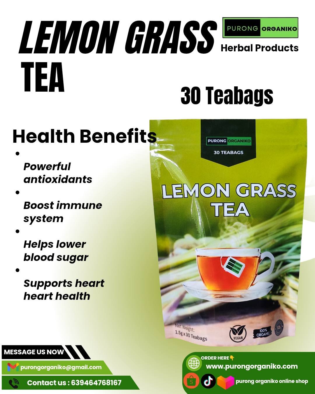 LEMON GRASS HERBAL TEA (30 TEABAGS) ALL NATURALS AND ORGANIC / BY PURONG ORGANIKO