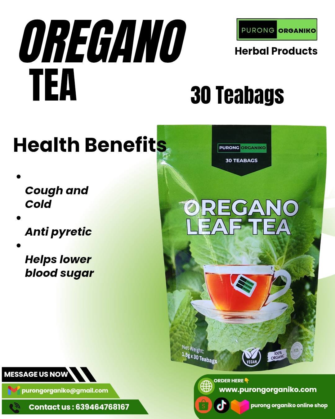 OREGANO LEAF TEA (30 TEABAGS) ALL NATURALS AND ORGANIC / BY PURONG ORGANIKO